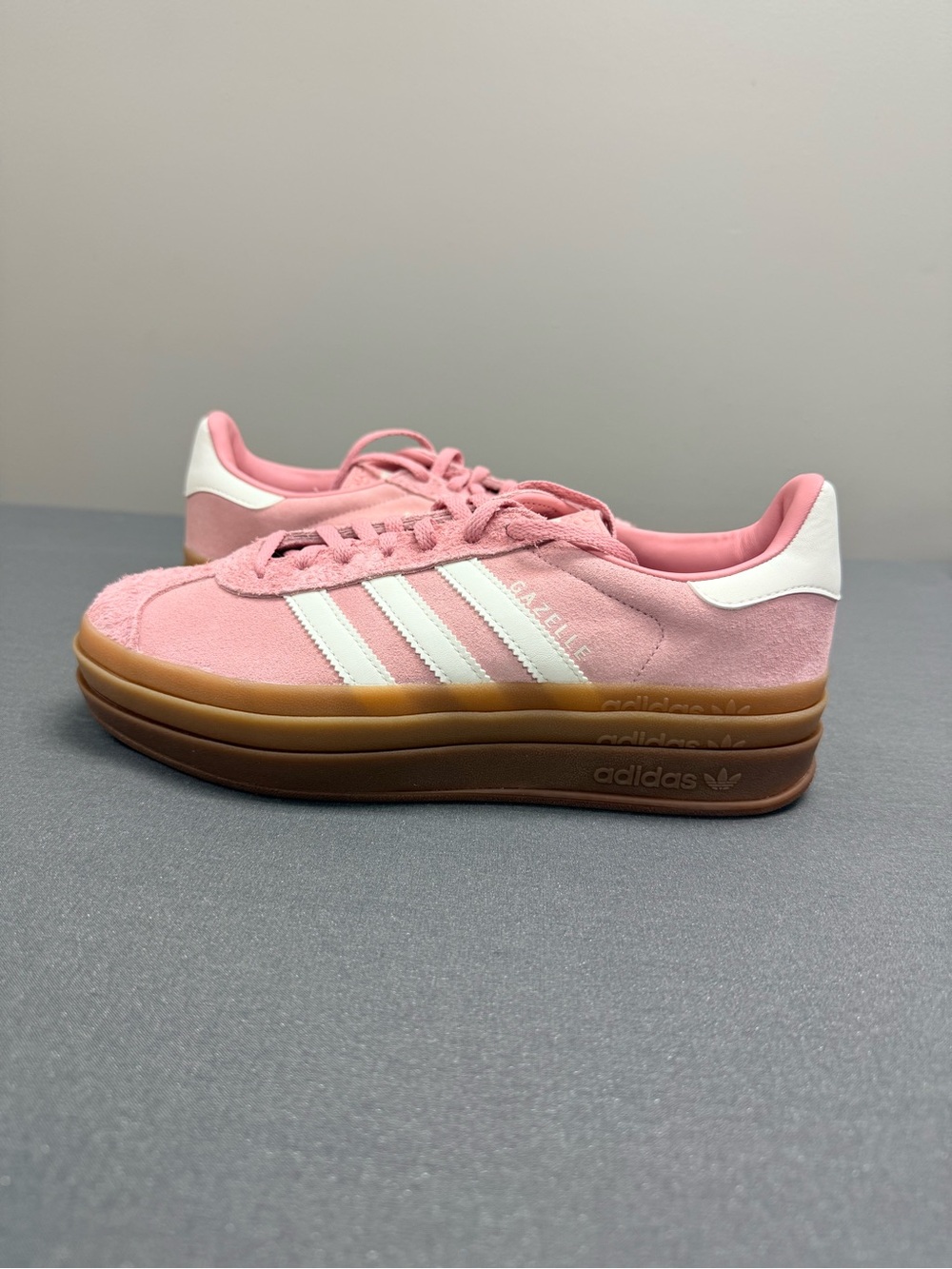 NWT Adidas Gazelle Pink Suede Platform Sneakers with White Stripes and Gum Sole